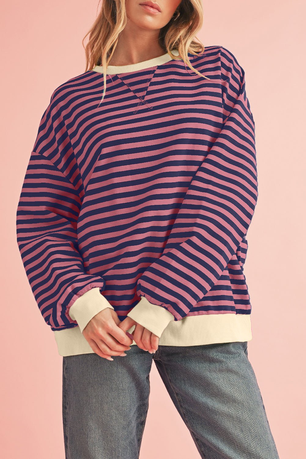 Red Stripe Contrast Edge Oversized Pullover - MAD RUFFI