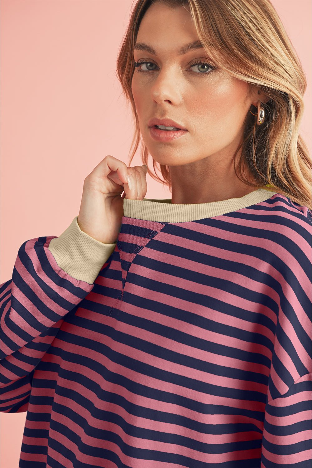 Red Stripe Contrast Edge Oversized Pullover - MAD RUFFI