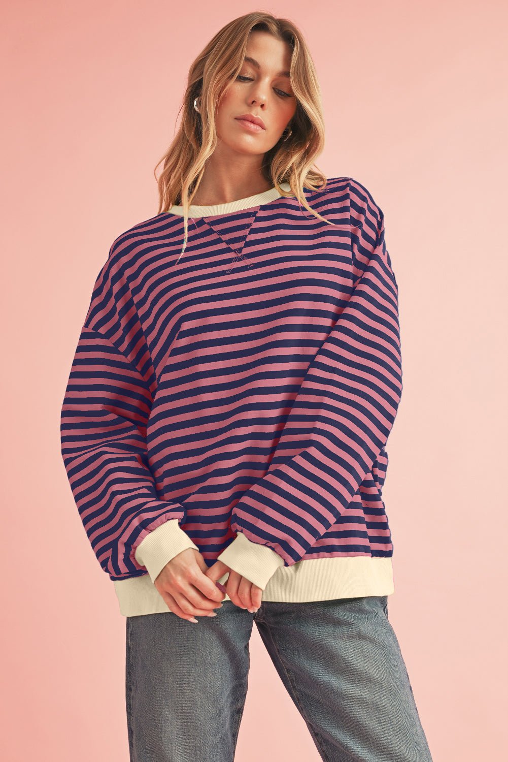 Red Stripe Contrast Edge Oversized Pullover - MAD RUFFI