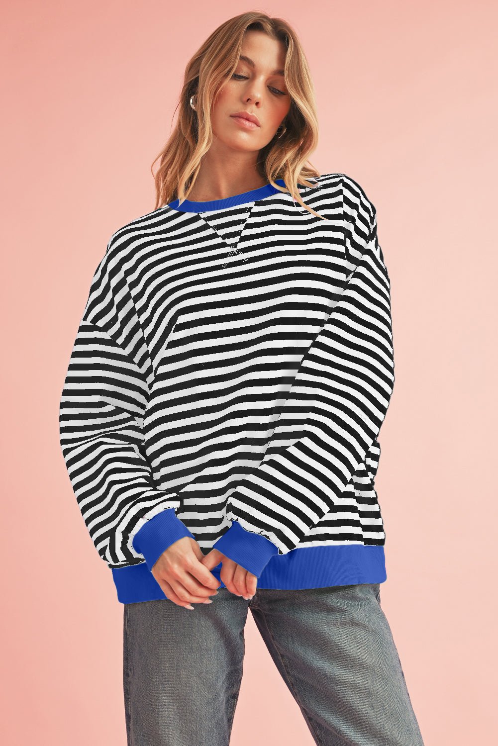 Red Stripe Contrast Edge Oversized Pullover - MAD RUFFI