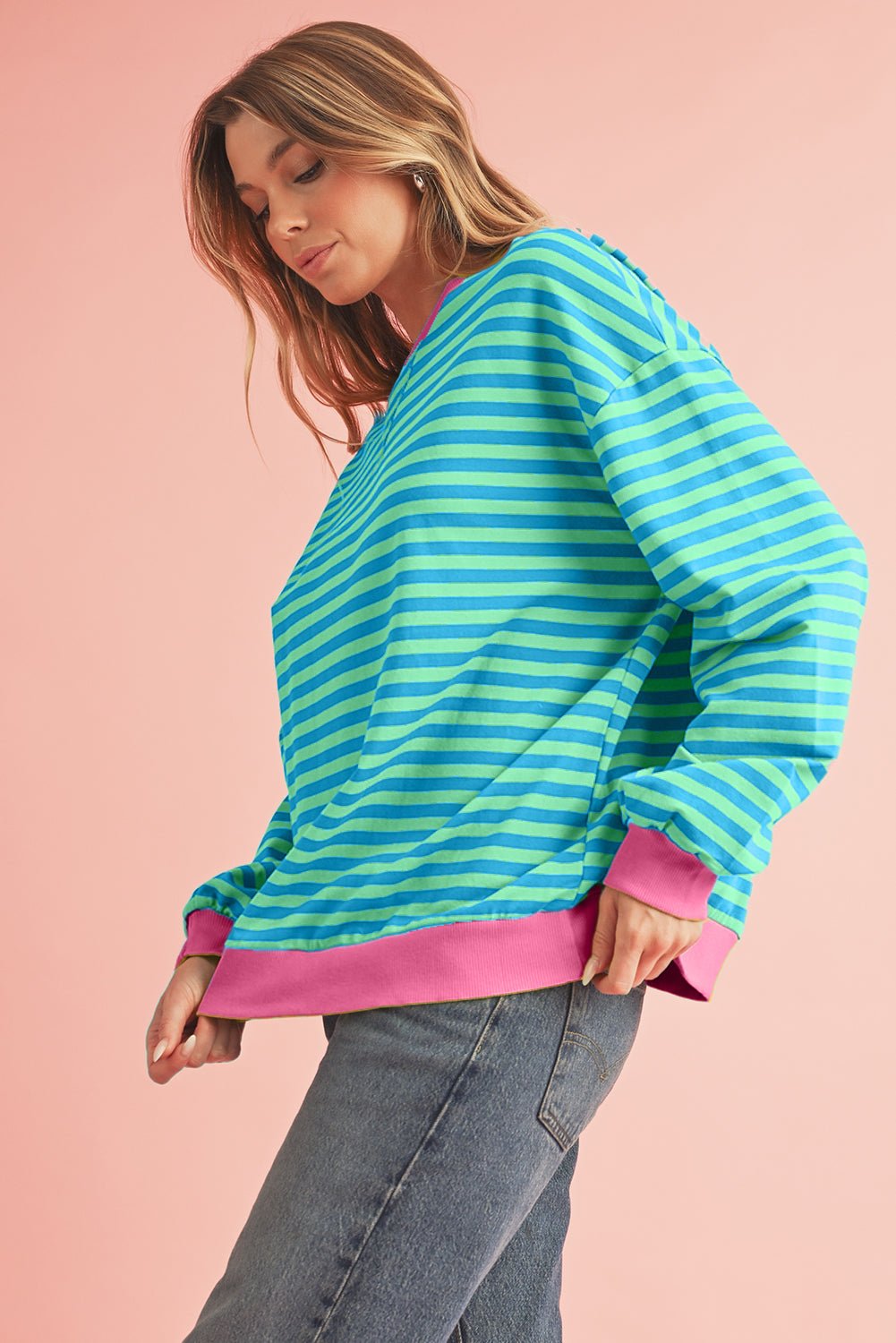 Red Stripe Contrast Edge Oversized Pullover - MAD RUFFI