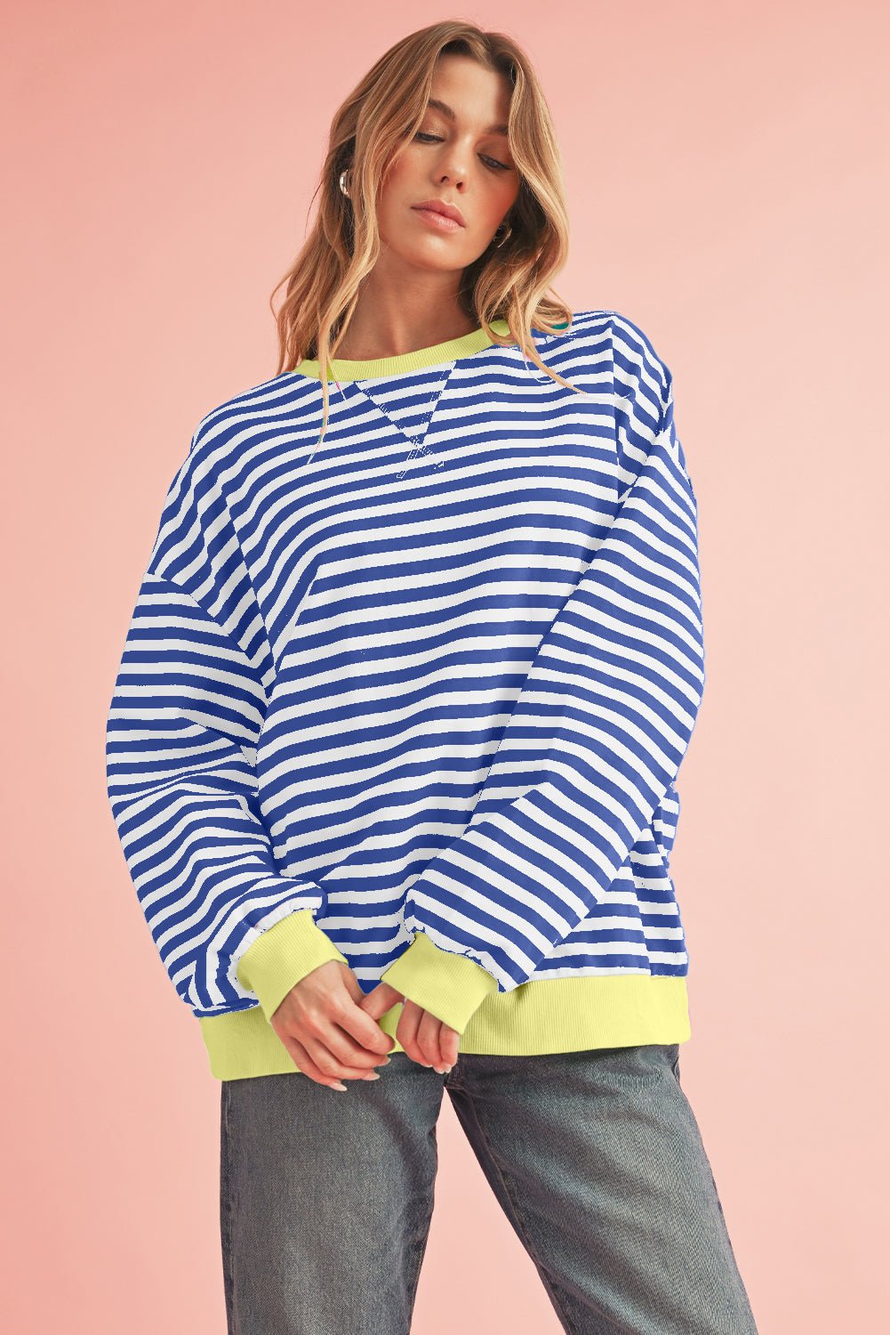Red Stripe Contrast Edge Oversized Pullover - MAD RUFFI