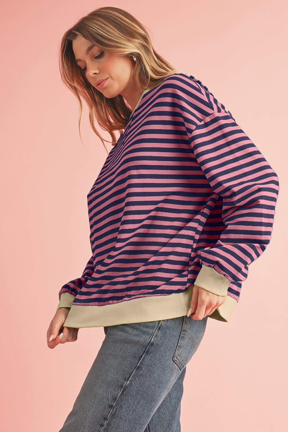 Red Stripe Contrast Edge Oversized Pullover - MAD RUFFI
