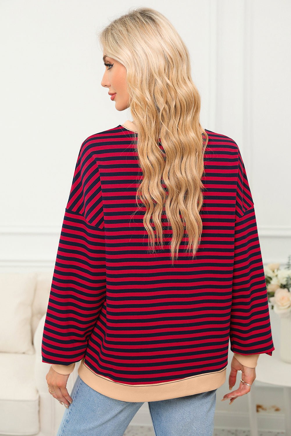 Red Stripe Contrast Ribbed Trim Crossed Stitch Drop Shoulder Sweatshirt - MAD RUFFI