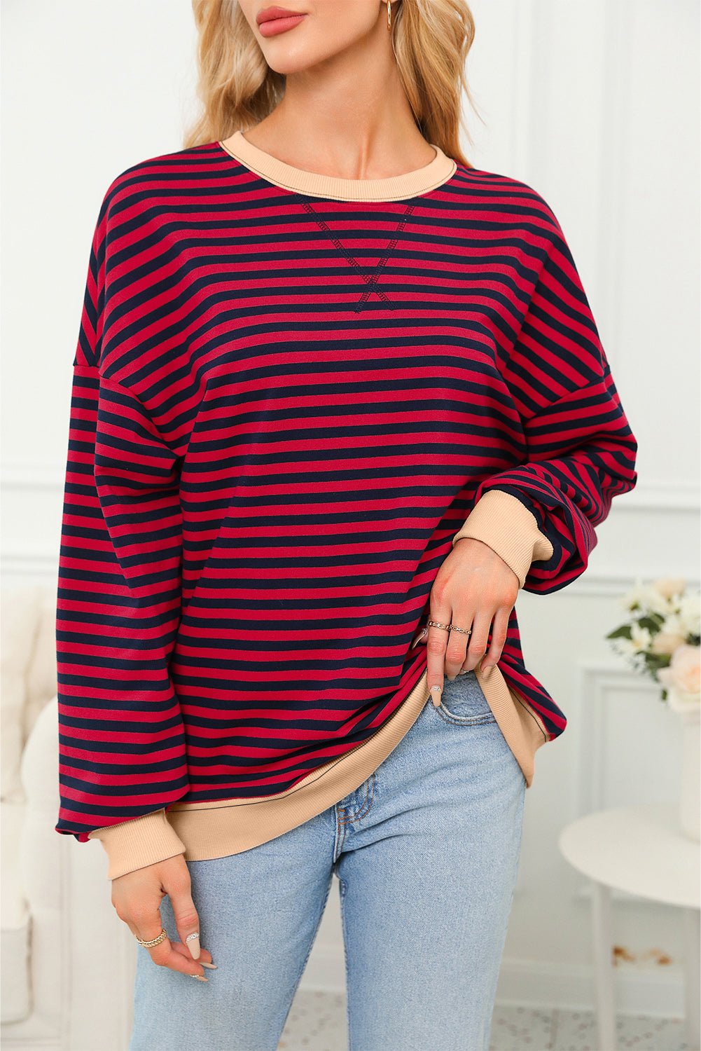 Red Stripe Contrast Ribbed Trim Crossed Stitch Drop Shoulder Sweatshirt - MAD RUFFI