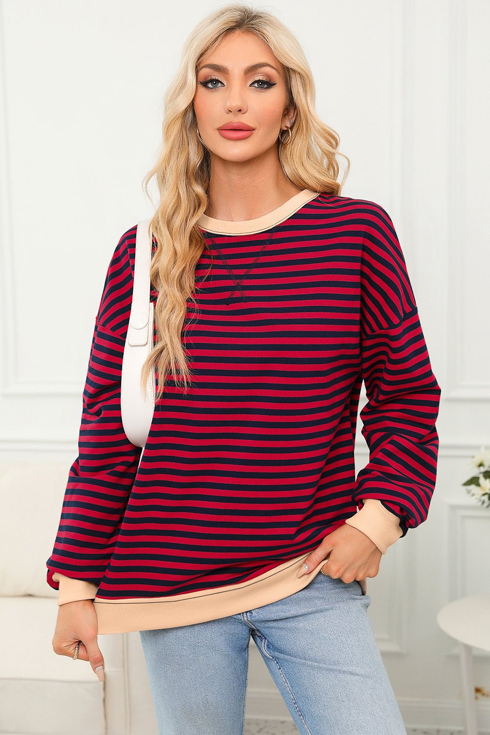 Red Stripe Contrast Ribbed Trim Crossed Stitch Drop Shoulder Sweatshirt - MAD RUFFI