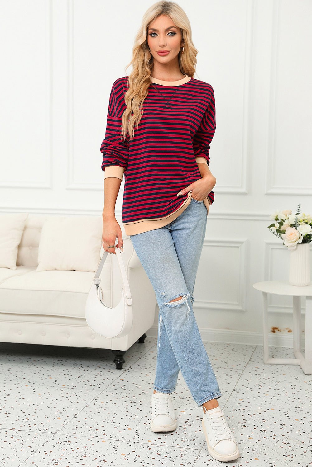 Red Stripe Contrast Ribbed Trim Crossed Stitch Drop Shoulder Sweatshirt - MAD RUFFI