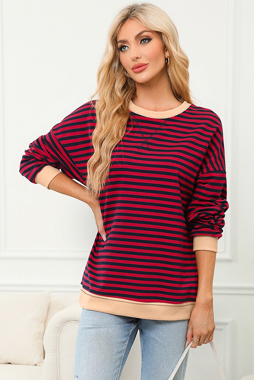 Red Stripe Contrast Ribbed Trim Crossed Stitch Drop Shoulder Sweatshirt - MAD RUFFI
