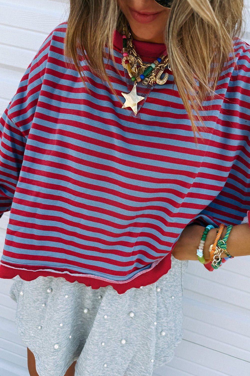 Red Stripe Exposed Seam Contrast Ribbed Trim Oversize Sweatshirt - MAD RUFFI