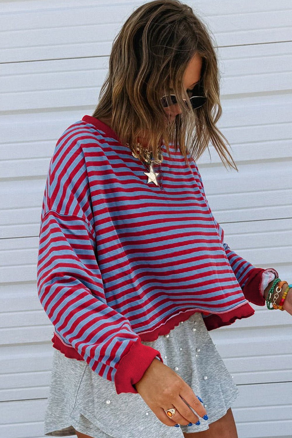 Red Stripe Exposed Seam Contrast Ribbed Trim Oversize Sweatshirt - MAD RUFFI