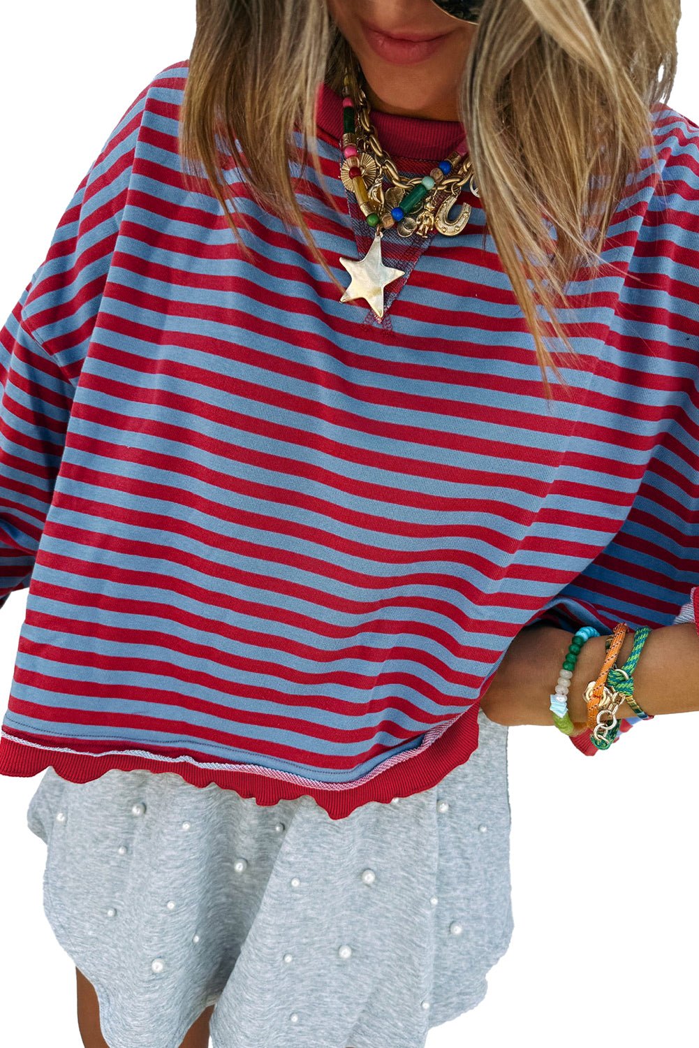 Red Stripe Exposed Seam Contrast Ribbed Trim Oversize Sweatshirt - MAD RUFFI