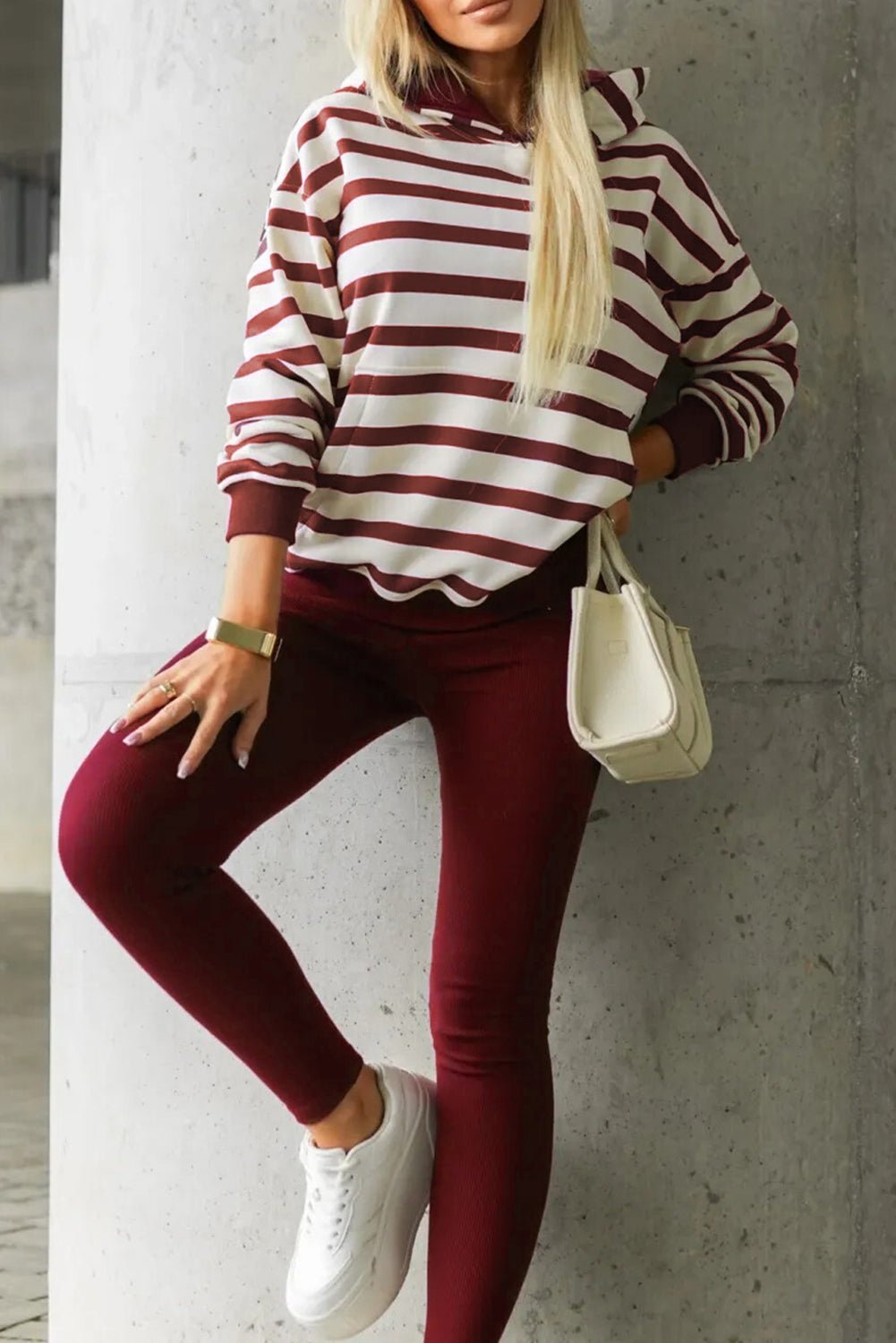Red Stripe Pullover Hoodie Ribbed Solid Pants 2pcs Set Outfit - MAD RUFFI