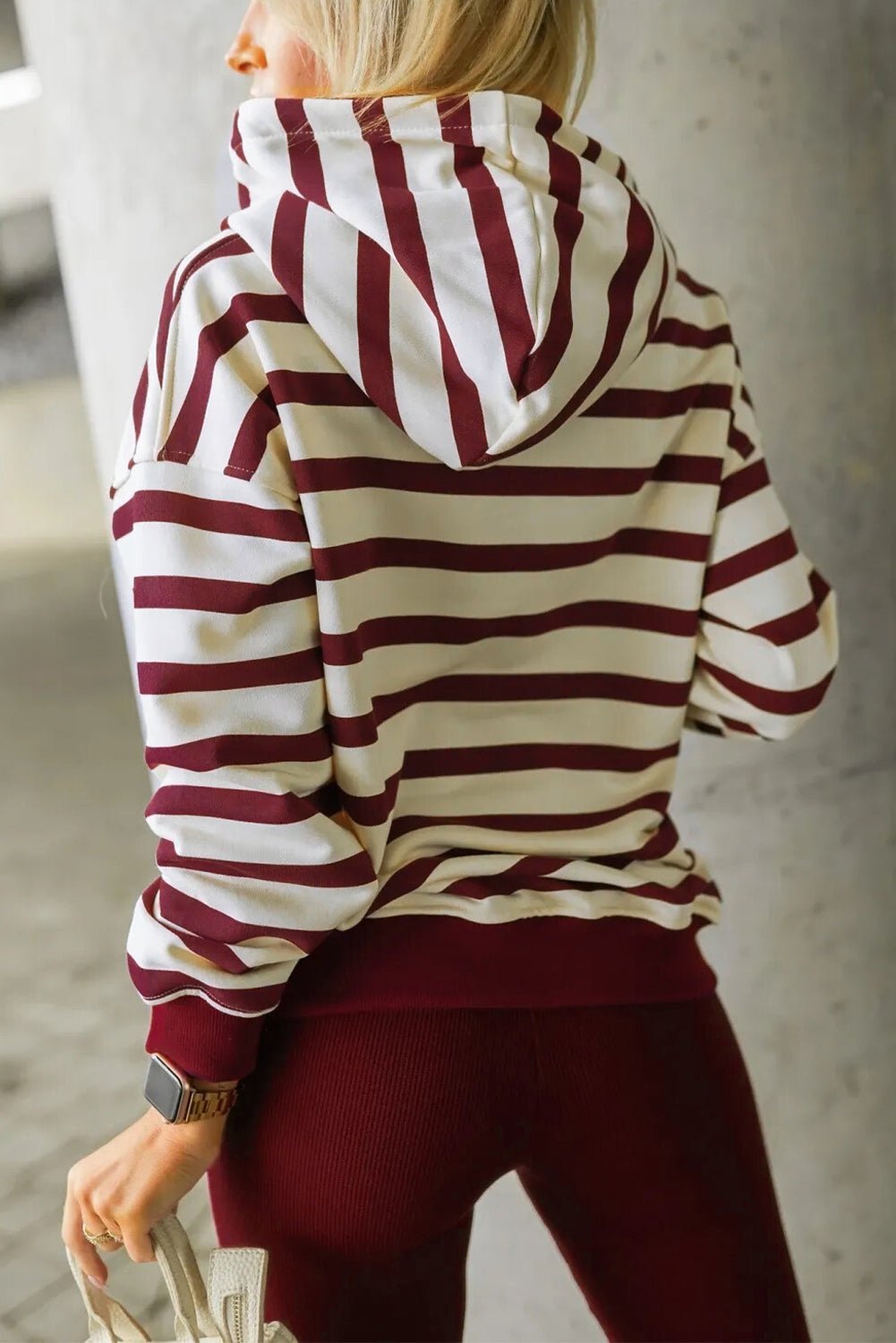 Red Stripe Pullover Hoodie Ribbed Solid Pants 2pcs Set Outfit - MAD RUFFI