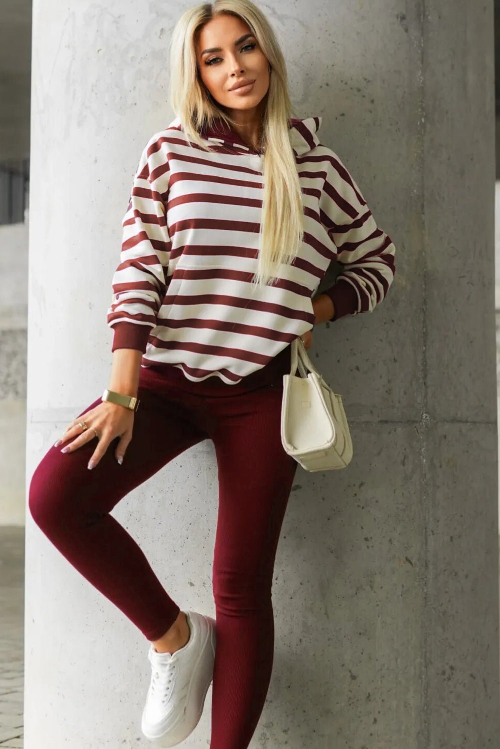Red Stripe Pullover Hoodie Ribbed Solid Pants 2pcs Set Outfit - MAD RUFFI