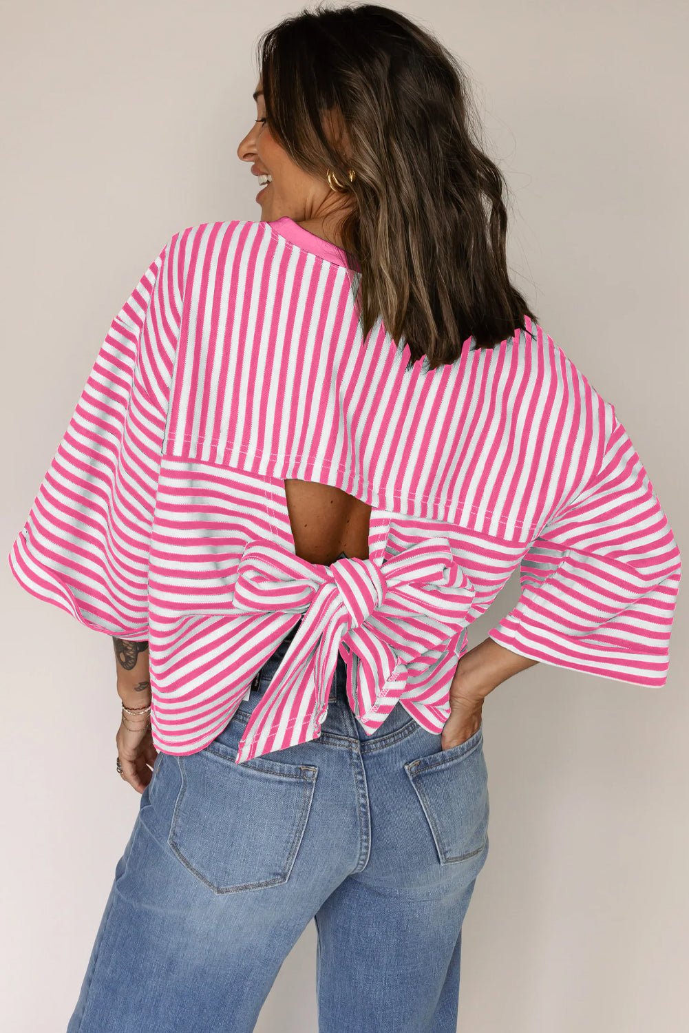 Red Striped Bowknot Backless T-Shirt - MAD RUFFI