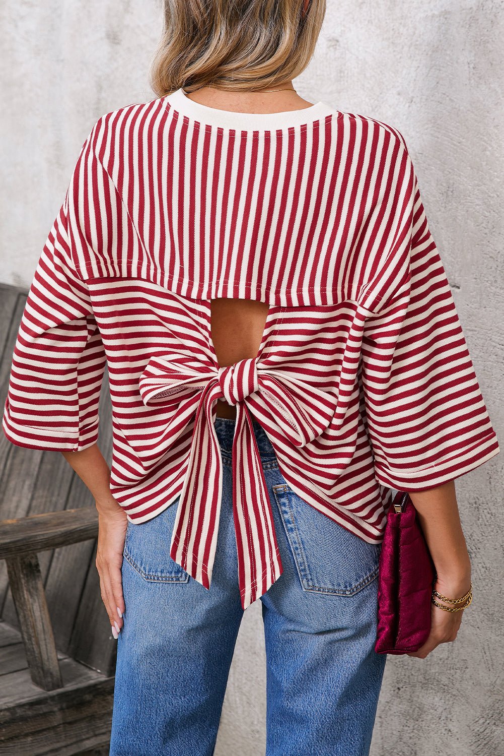 Red Striped Bowknot Backless T-Shirt - MAD RUFFI