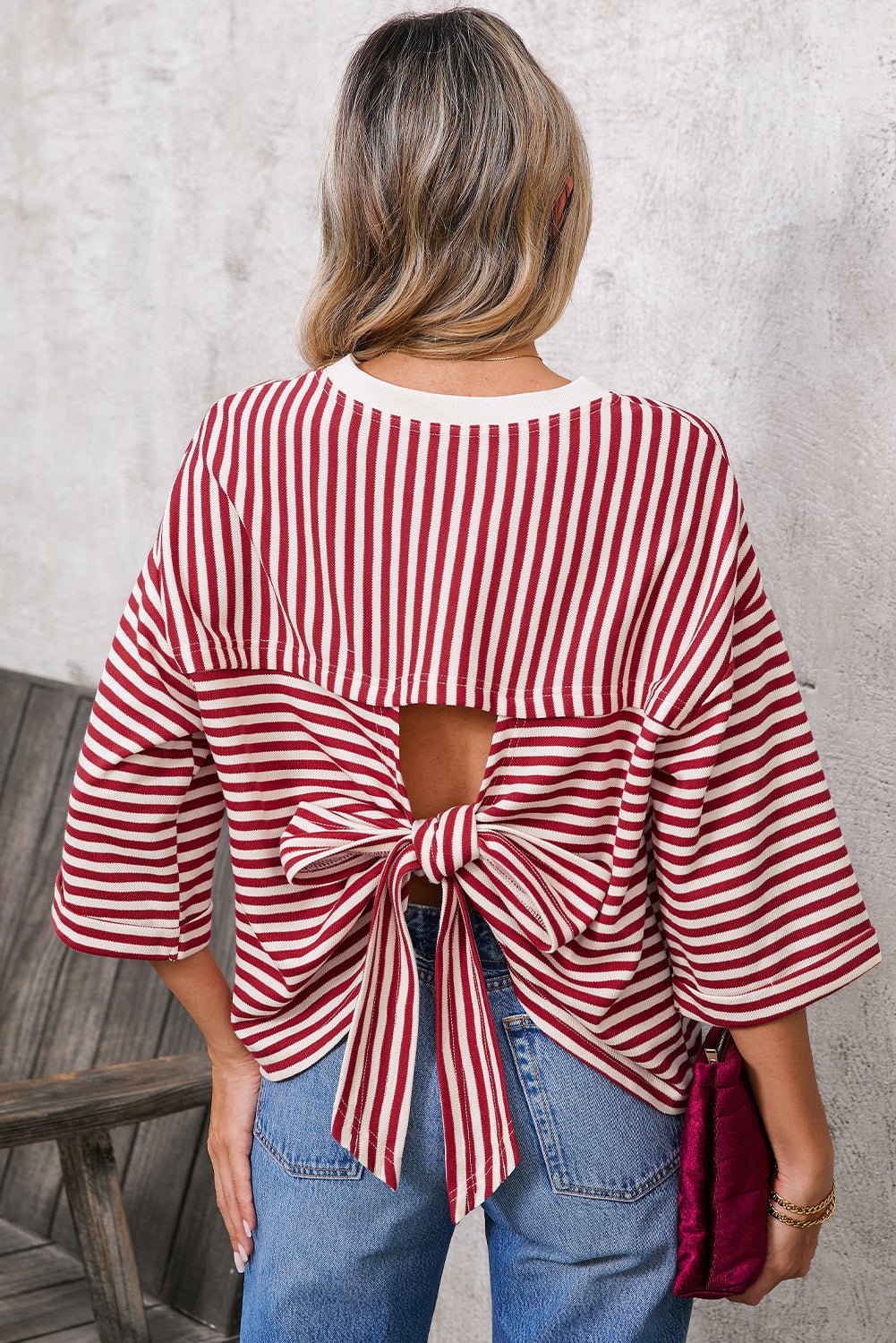 Red Striped Bowknot Backless T-Shirt - MAD RUFFI