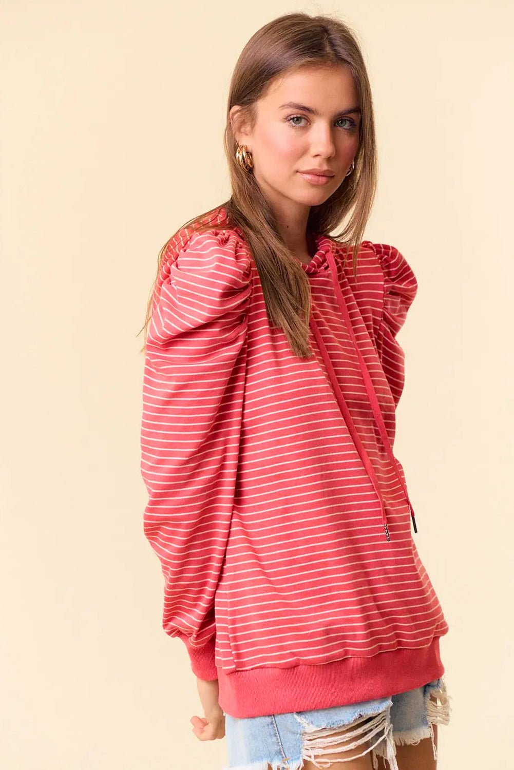 Red Striped Puff Sleeve Drawstring Hoodie - MAD RUFFI