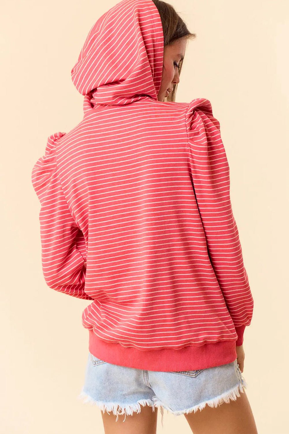 Red Striped Puff Sleeve Drawstring Hoodie - MAD RUFFI