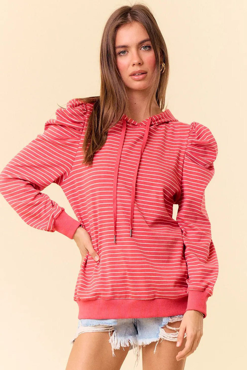 Red Striped Puff Sleeve Drawstring Hoodie - MAD RUFFI