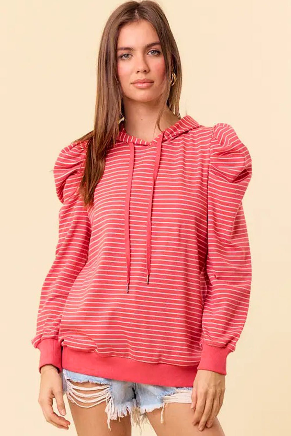 Red Striped Puff Sleeve Drawstring Hoodie - MAD RUFFI