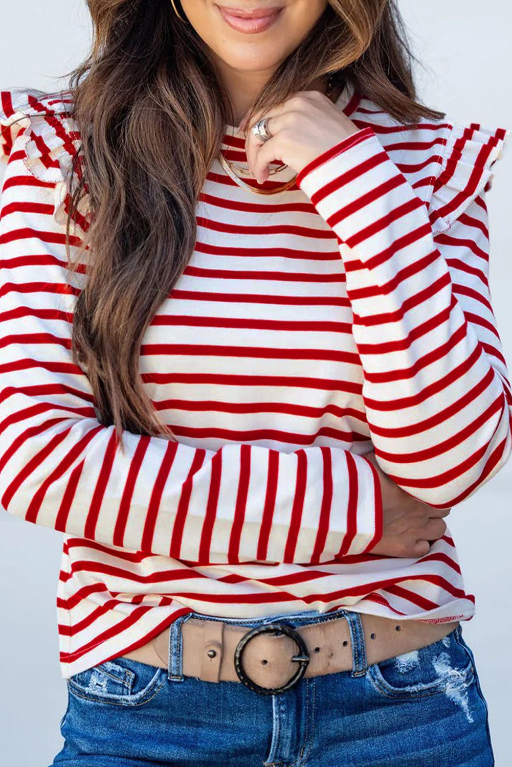 Red Striped Ruffle Shoulder Long Sleeve Top - MAD RUFFI