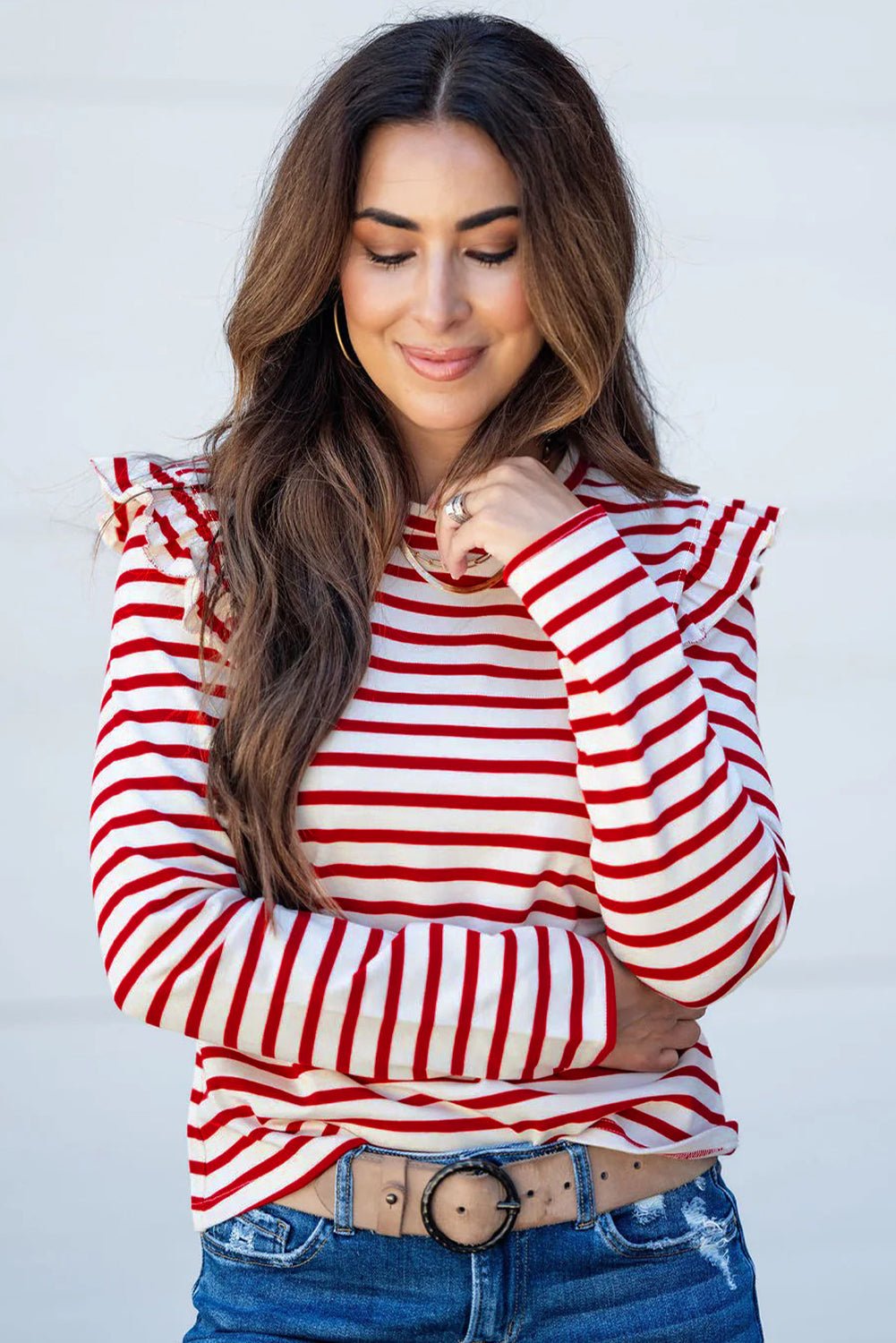 Red Striped Ruffle Shoulder Long Sleeve Top - MAD RUFFI