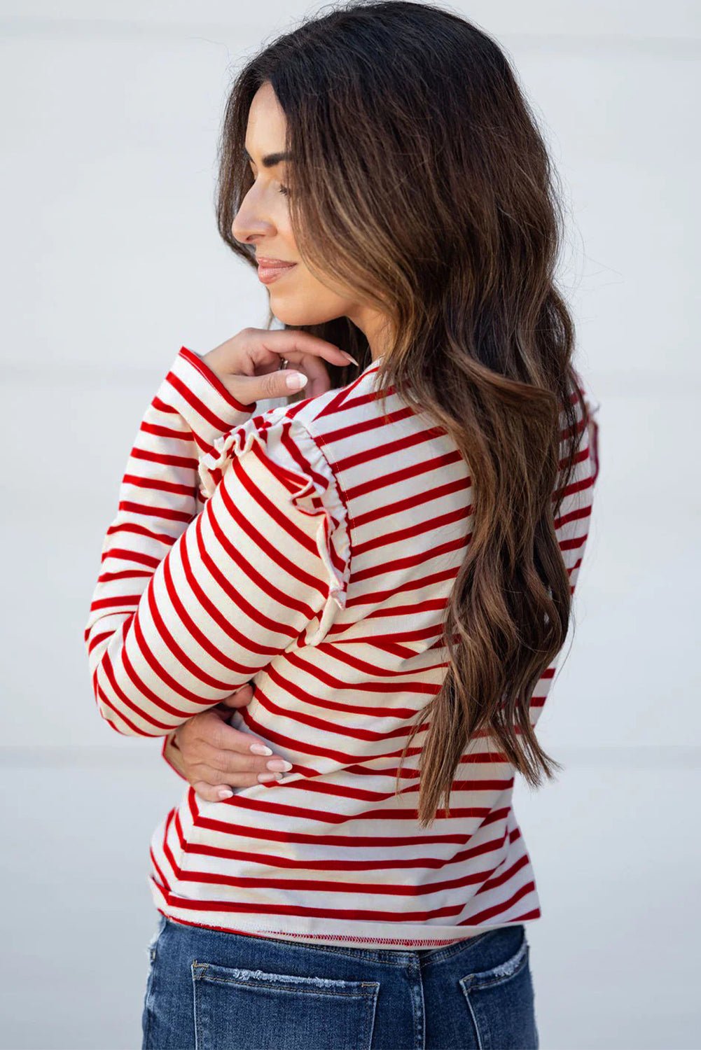 Red Striped Ruffle Shoulder Long Sleeve Top - MAD RUFFI