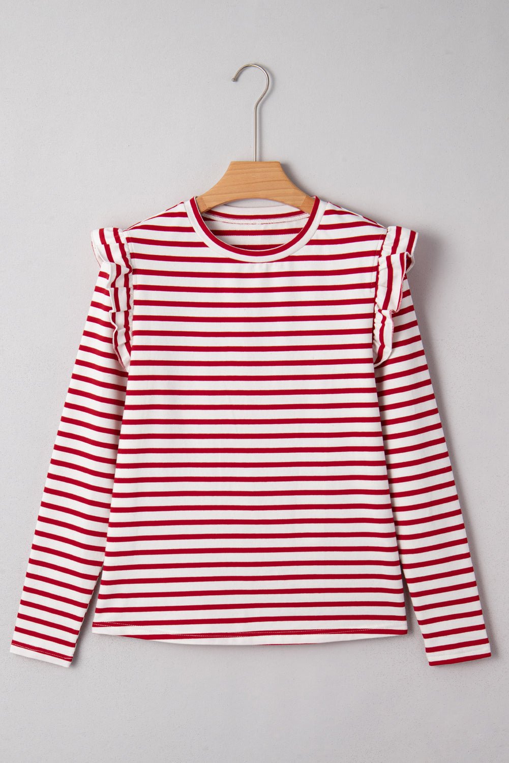 Red Striped Ruffle Shoulder Long Sleeve Top - MAD RUFFI