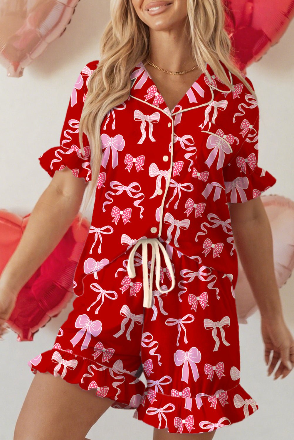 Red Sweet Bow Print Shirt Style Top Short 2pcs Pajama Set - MAD RUFFI
