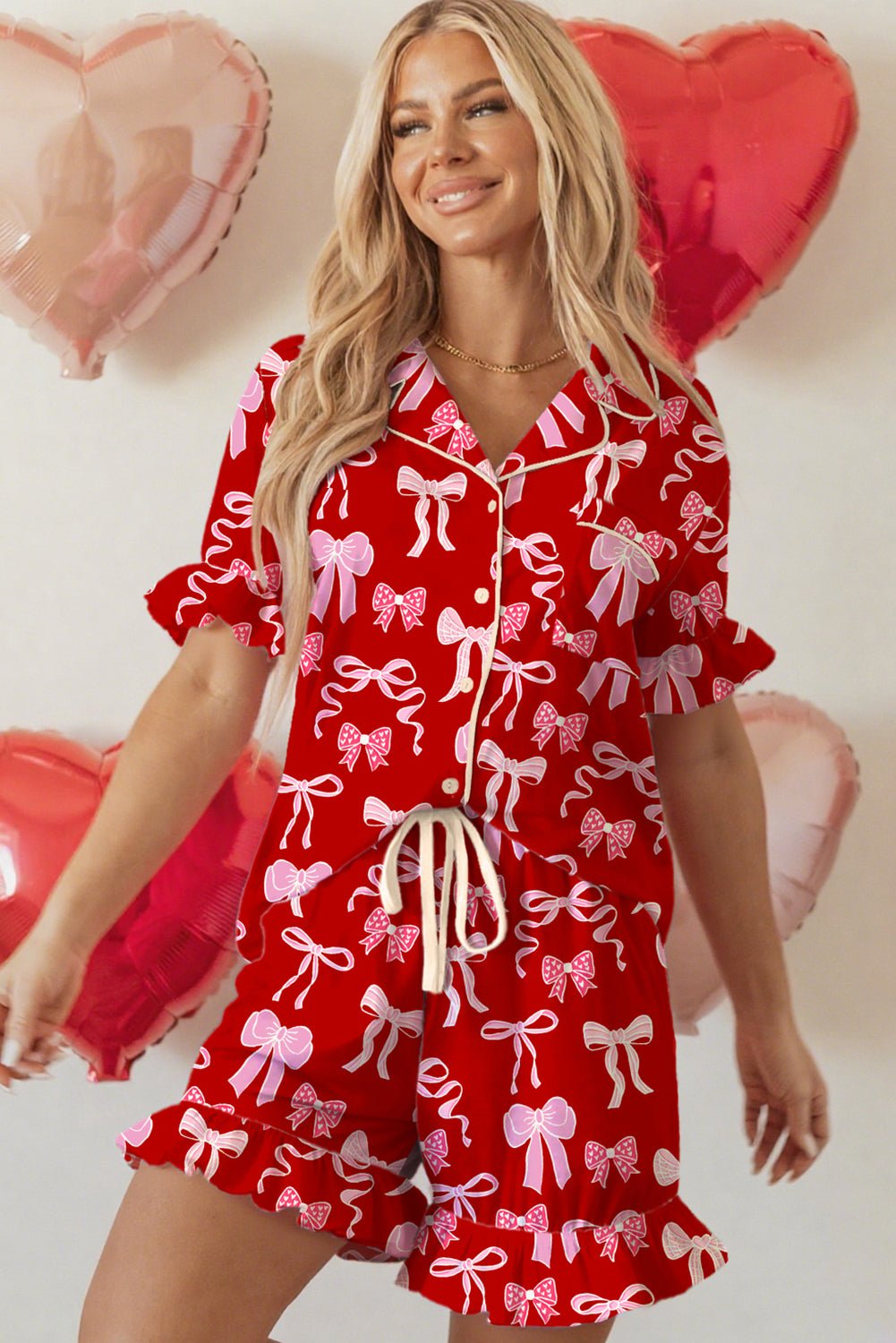 Red Sweet Bow Print Shirt Style Top Short 2pcs Pajama Set - MAD RUFFI