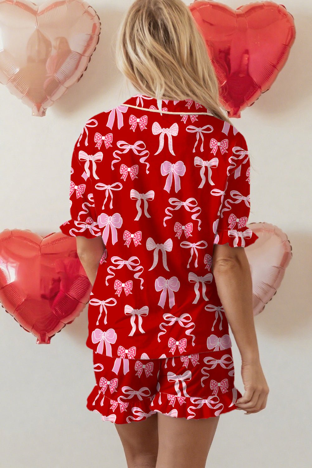 Red Sweet Bow Print Shirt Style Top Short 2pcs Pajama Set - MAD RUFFI