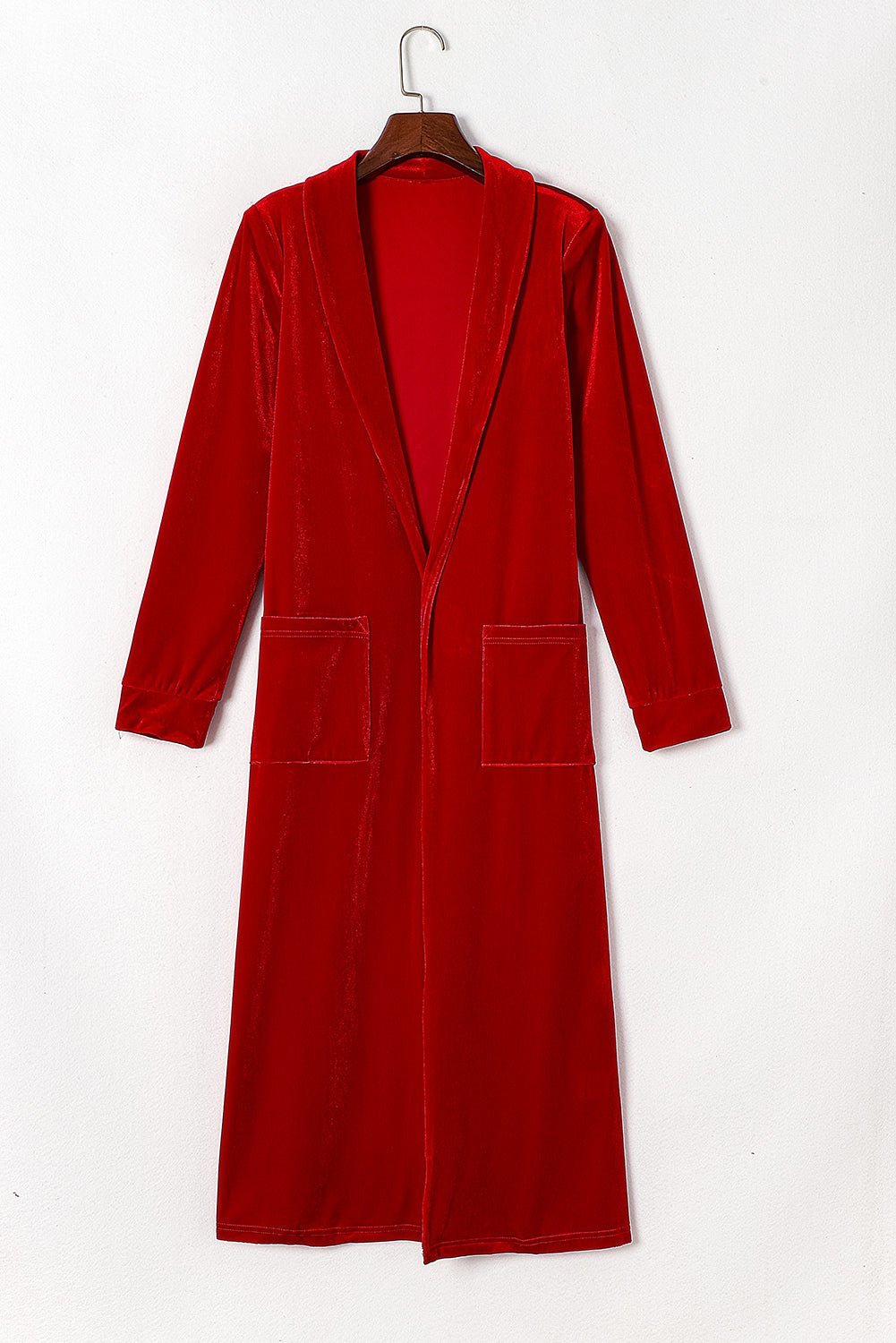 Red Velvet Elegant Open Front Pocket Long Cardigan - MAD RUFFI