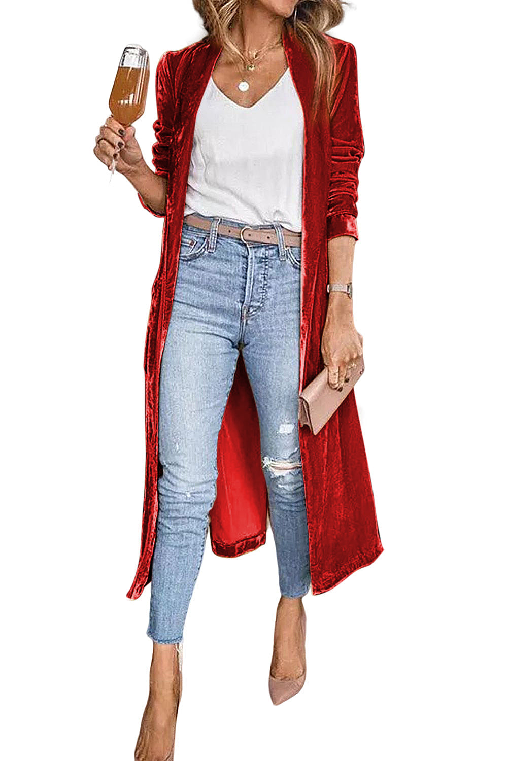 Red Velvet Elegant Open Front Pocket Long Cardigan - MAD RUFFI