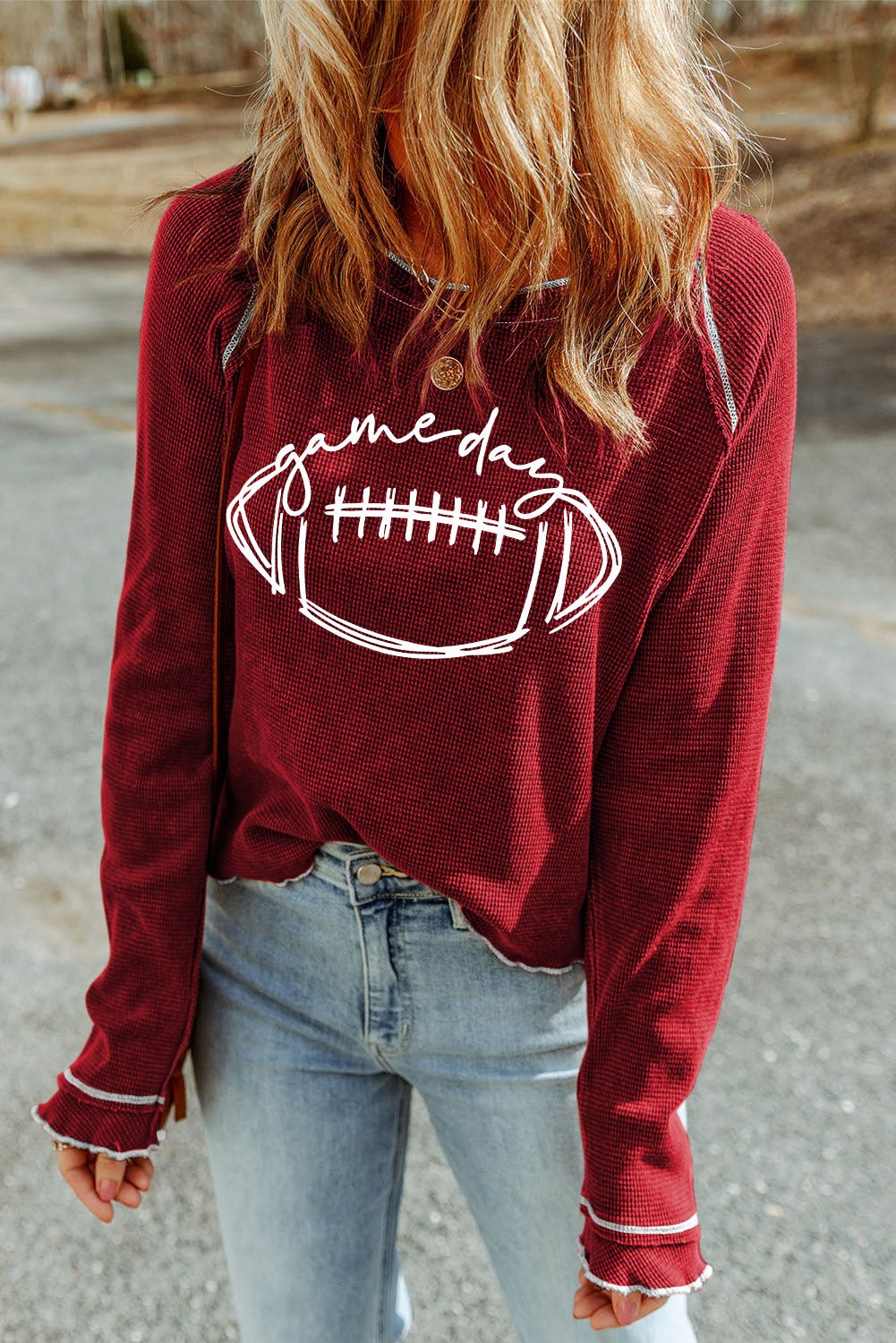 Red Waffle Rugby Graphic Contrast Hem Sweatshirt - MAD RUFFI