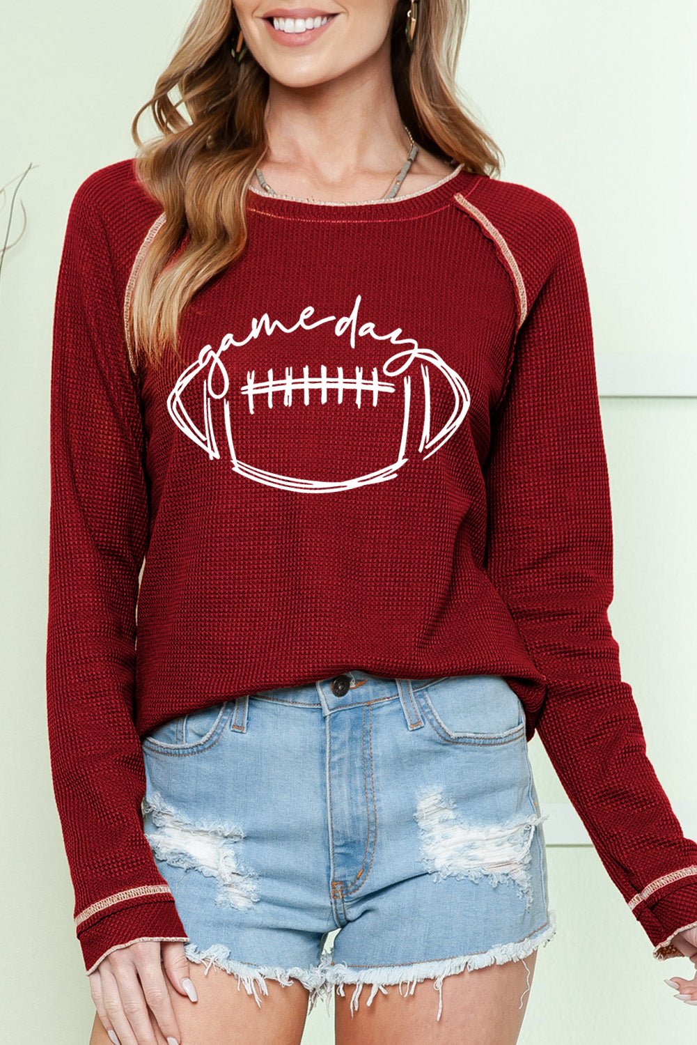 Red Waffle Rugby Graphic Contrast Hem Sweatshirt - MAD RUFFI
