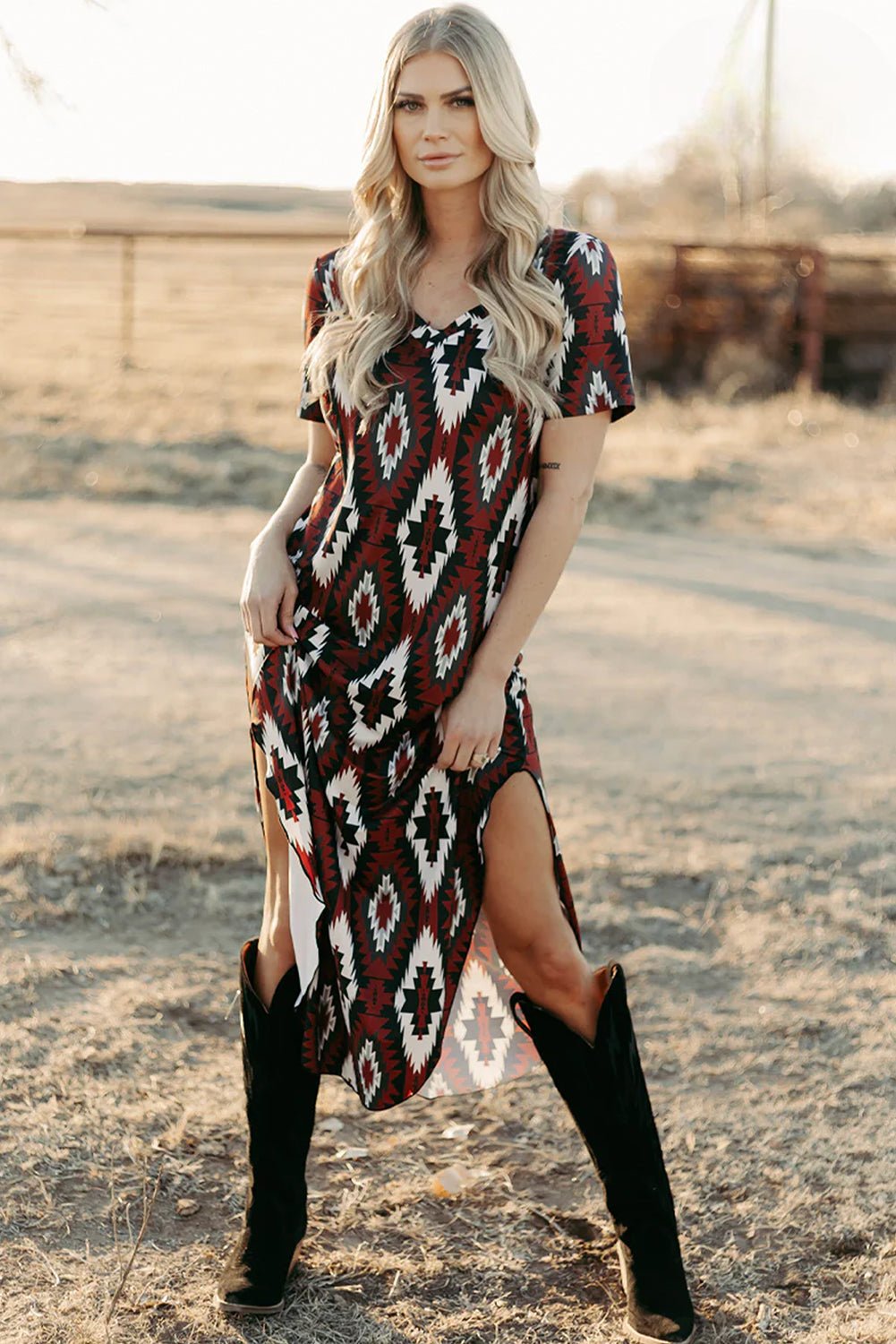 Red Western Aztec Printed Long T-shirt Dress - MAD RUFFI
