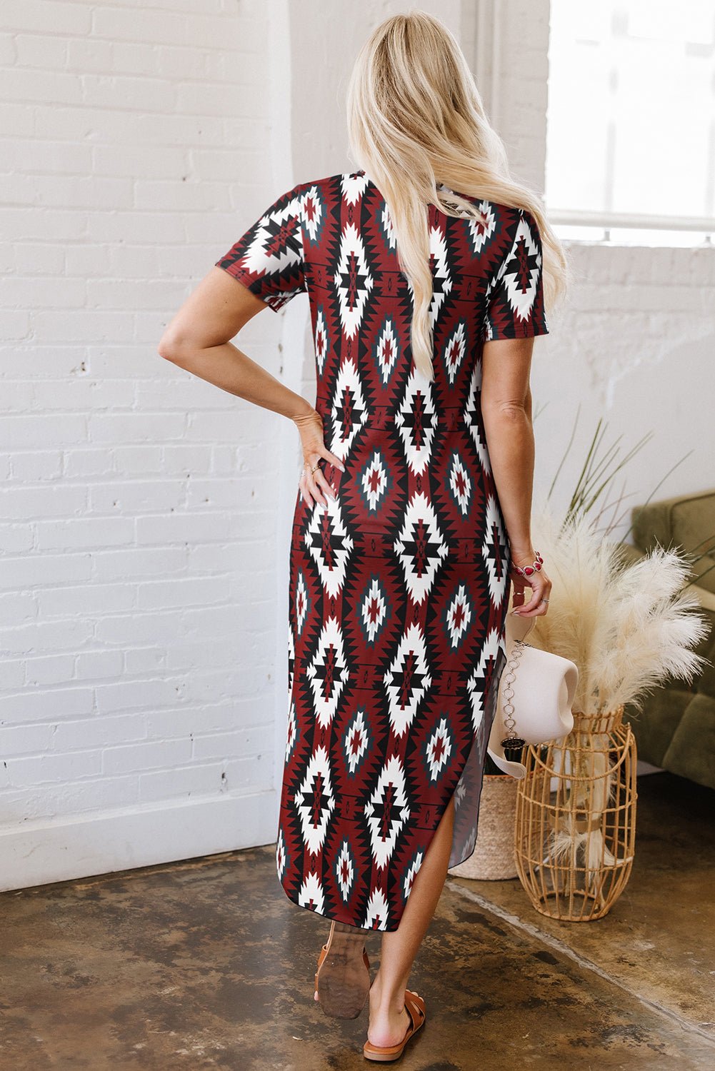 Red Western Aztec Printed Long T-shirt Dress - MAD RUFFI