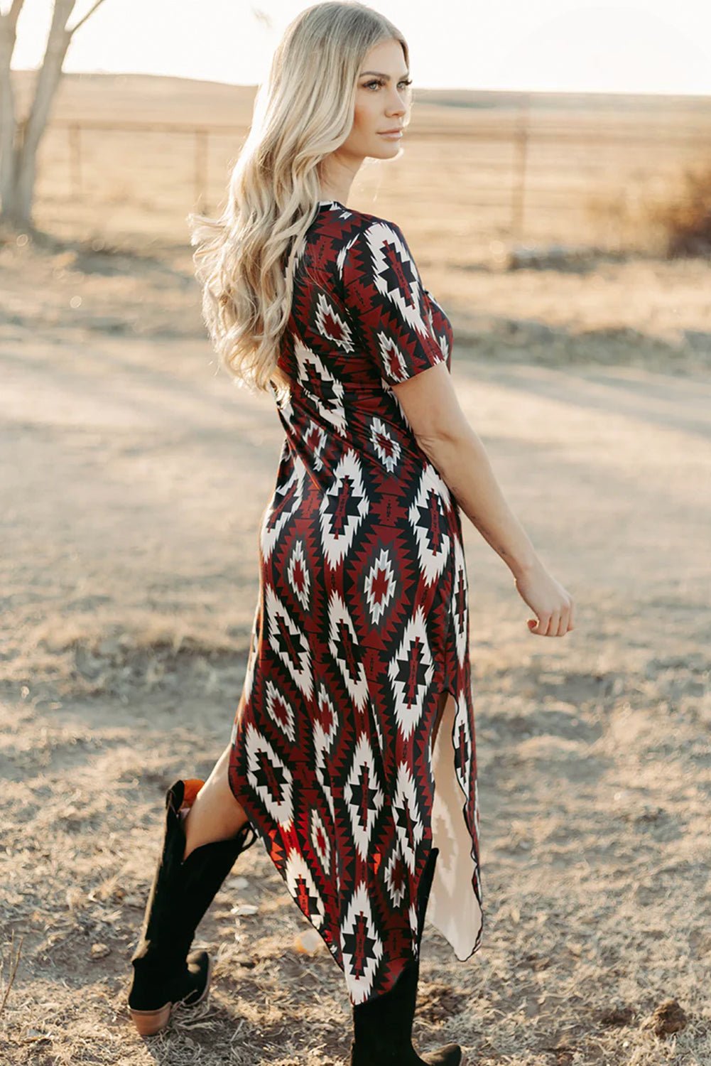 Red Western Aztec Printed Long T-shirt Dress - MAD RUFFI