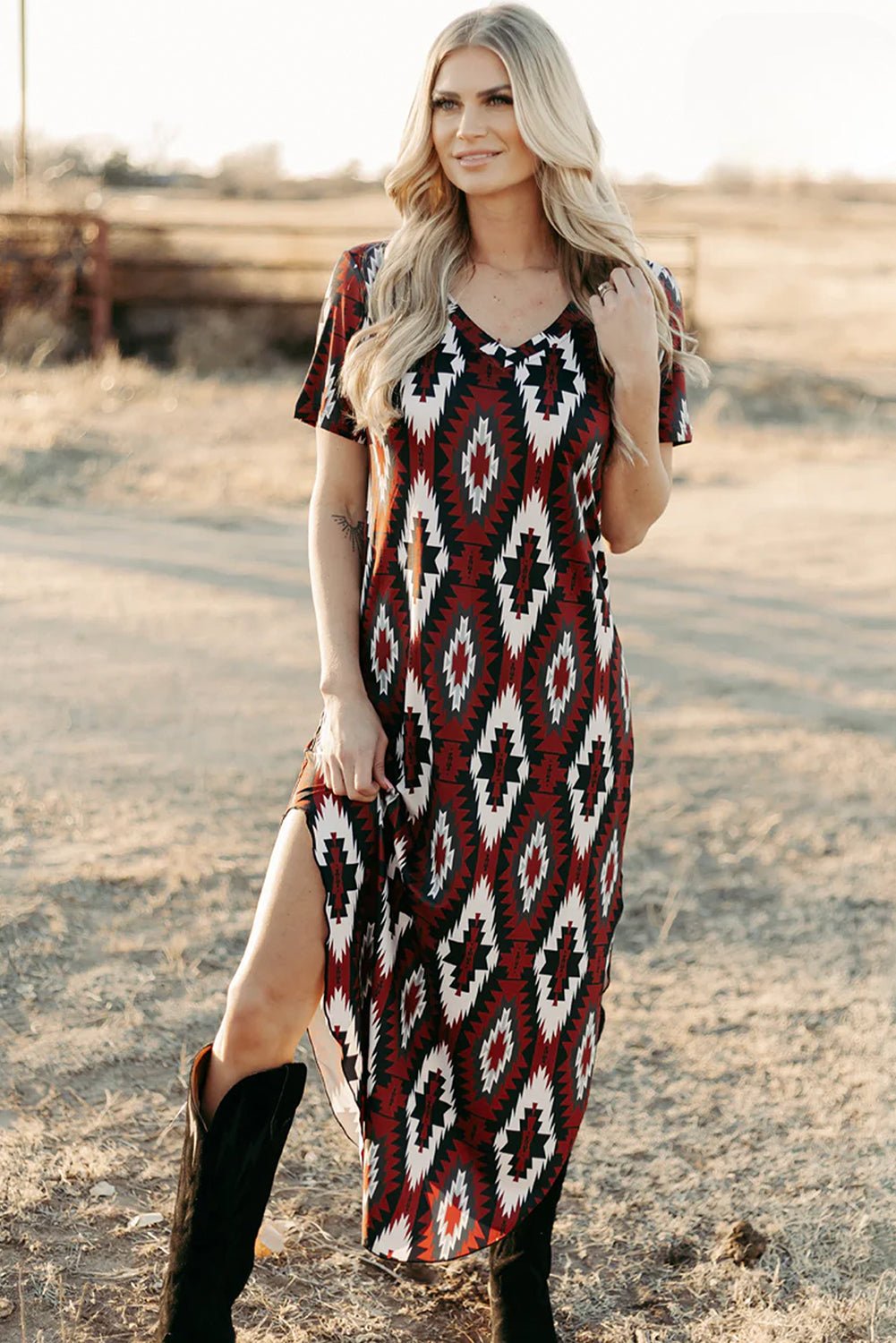 Red Western Aztec Printed Long T-shirt Dress - MAD RUFFI