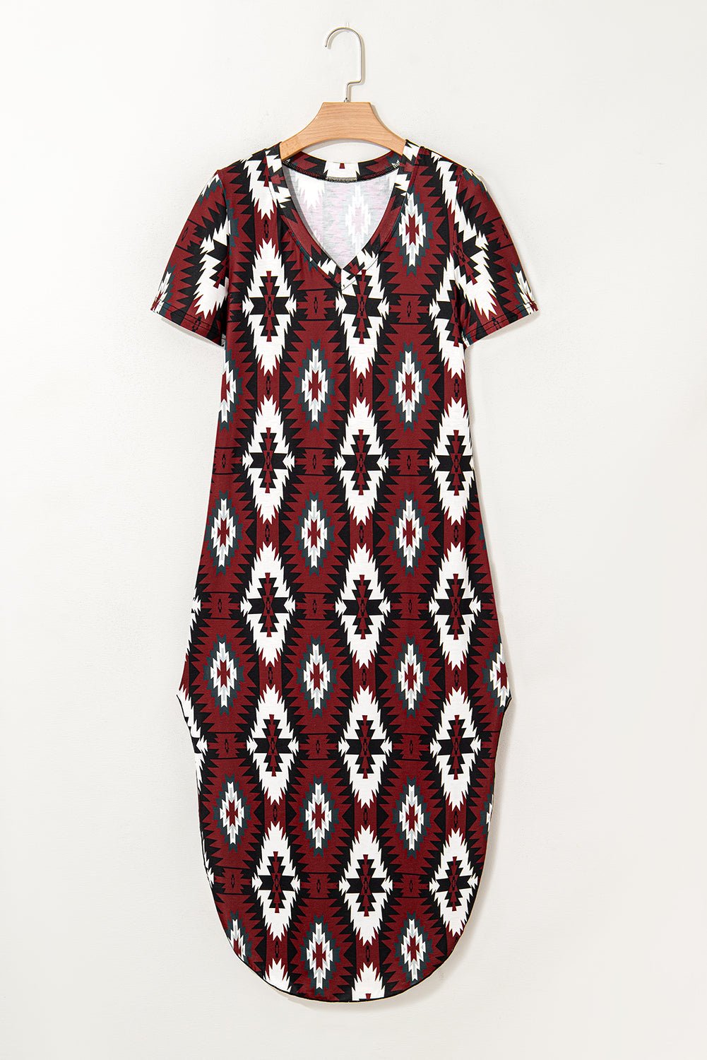 Red Western Aztec Printed Long T-shirt Dress - MAD RUFFI