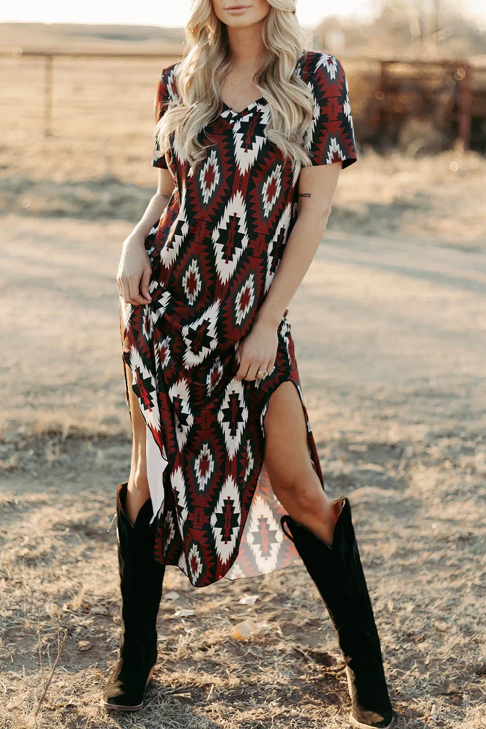 Red Western Aztec Printed Long T-shirt Dress - MAD RUFFI