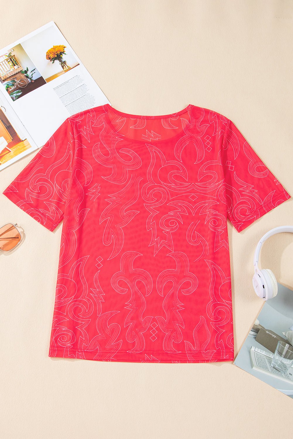 Red Western Casual Mesh T Shirt - MAD RUFFI