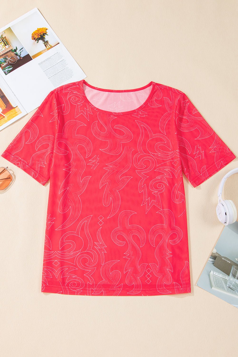 Red Western Casual Mesh T Shirt - MAD RUFFI