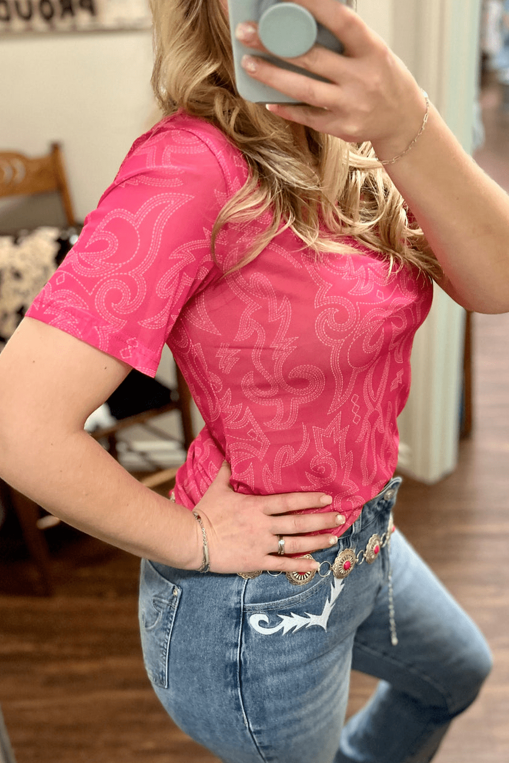 Red Western Casual Mesh T Shirt - MAD RUFFI