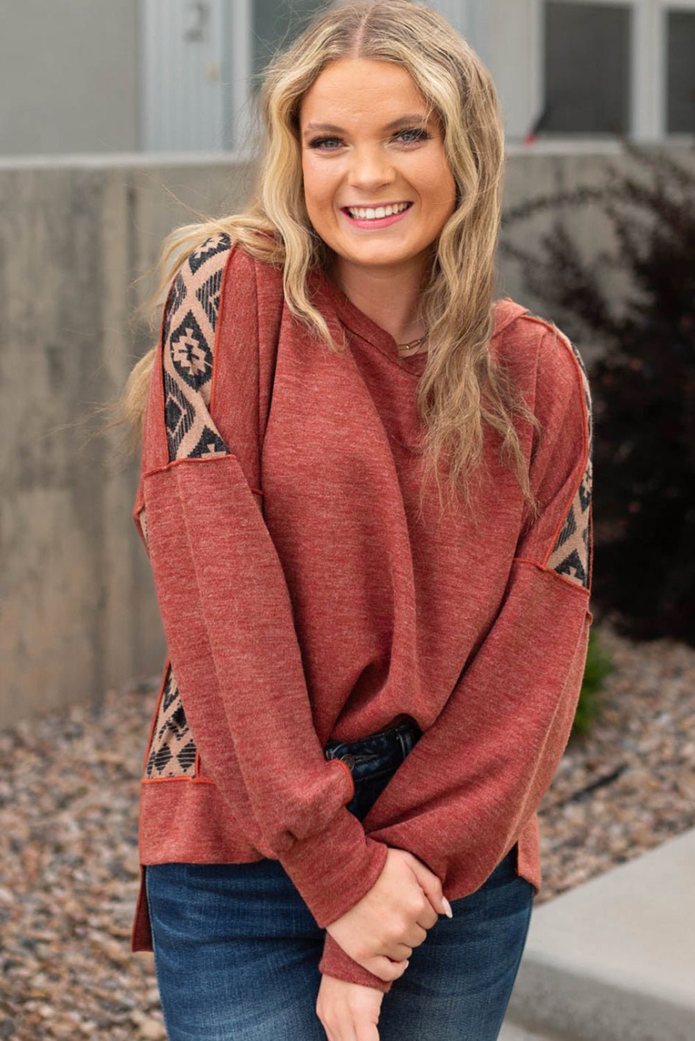 Redwood Burl Geometric Patchwork Plus Size High Low Sweatshirt - MAD RUFFI