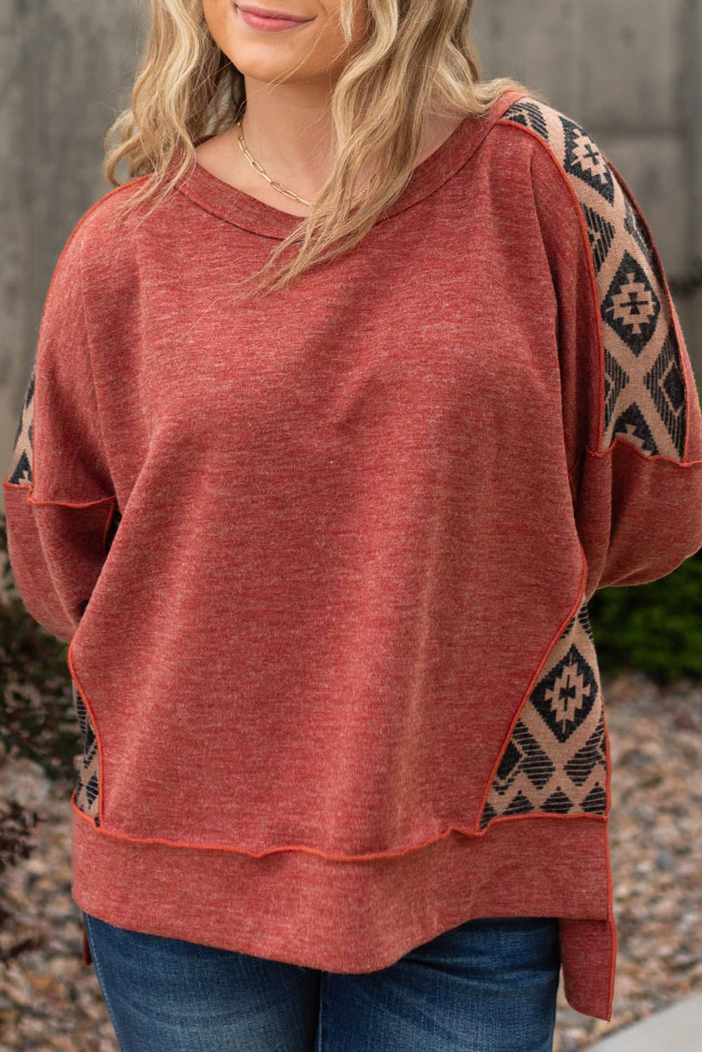 Redwood Burl Geometric Patchwork Plus Size High Low Sweatshirt - Redwood Burl / 1X - Plus Size Tops