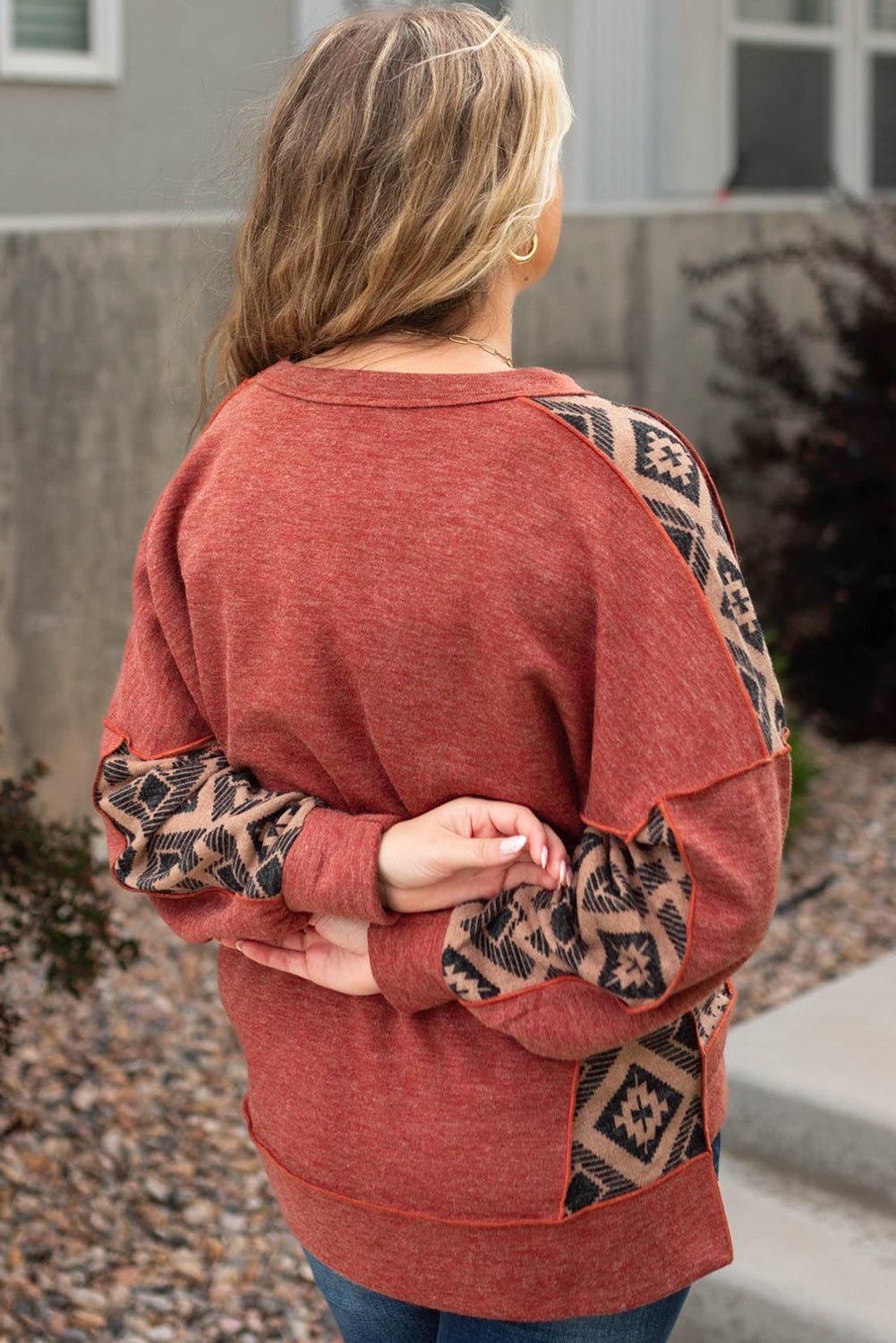 Redwood Burl Geometric Patchwork Plus Size High Low Sweatshirt - MAD RUFFI
