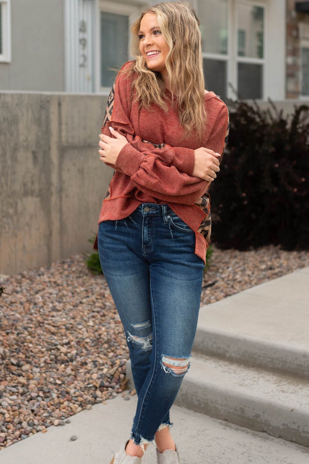 Redwood Burl Geometric Patchwork Plus Size High Low Sweatshirt - MAD RUFFI