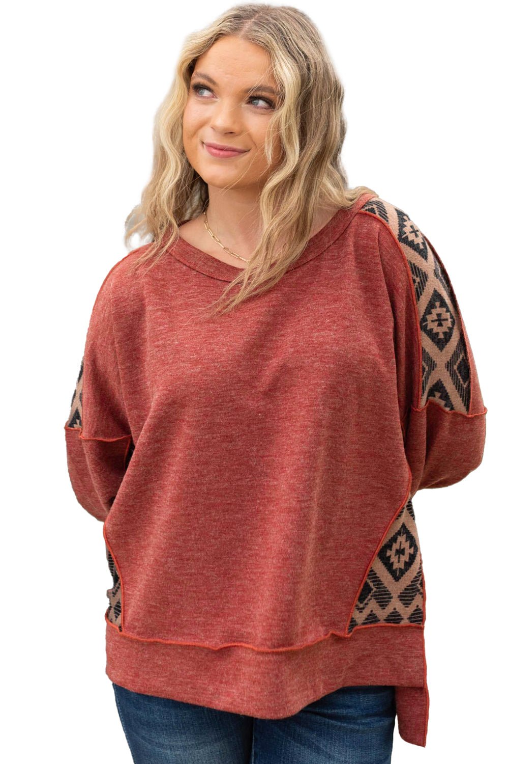 Redwood Burl Geometric Patchwork Plus Size High Low Sweatshirt - MAD RUFFI